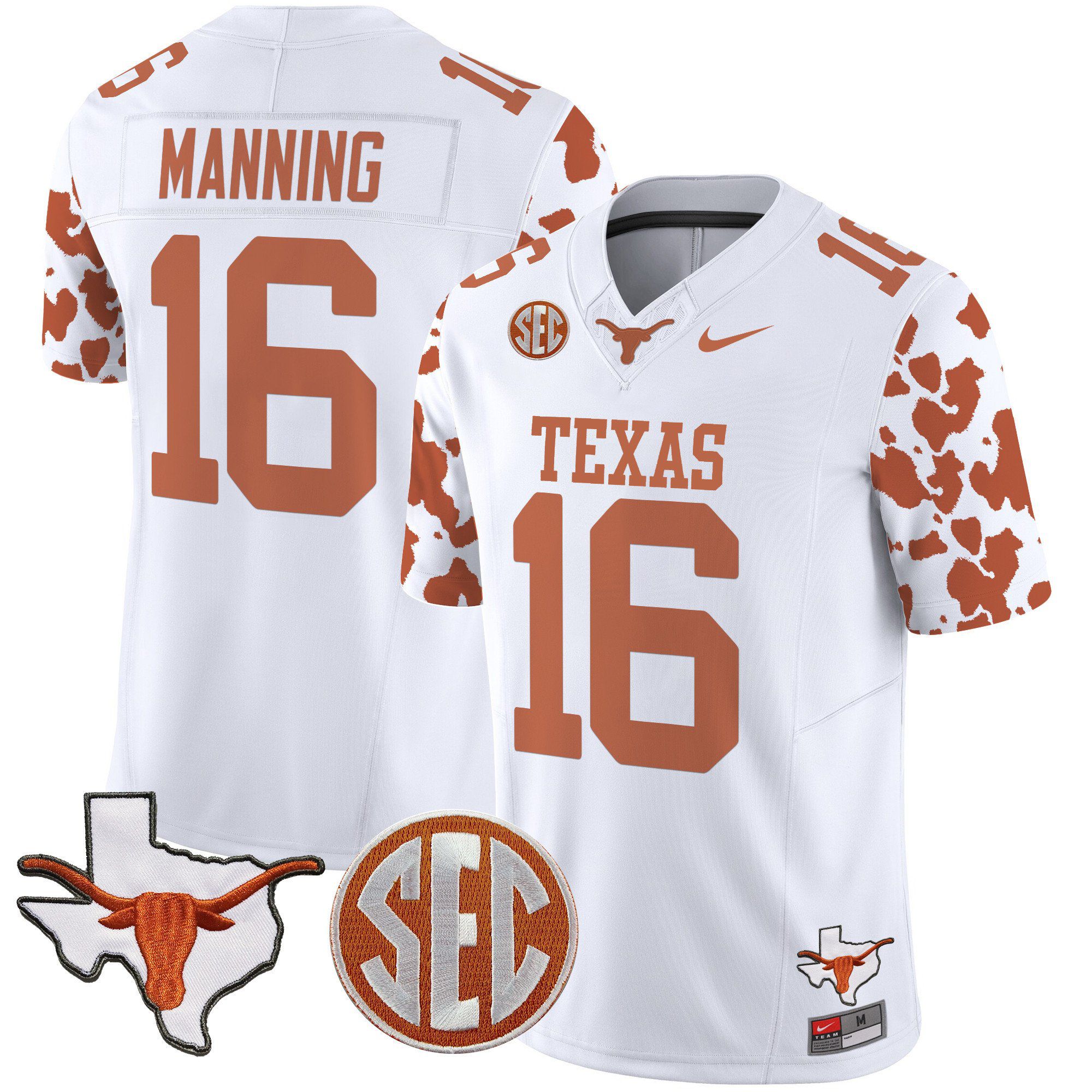 Men Texas Longhorns #16 Manning White 2024 Nike Cow Spots Vapor Limited NCAA Jersey